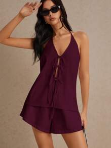 Poéselle Damen Sommer einfarbiges Halter-Neckholder-Weste mit Schleife vorne und Damen Shorts Lässig Zweiteiler aus Leinen, Weste und Shorts Set, Stoff atmungsaktiv und bequem, einfacher modischer Old-Money-Stil, geeignet für täglichen Urlaub, Pendeln, Zuhause-Tragen