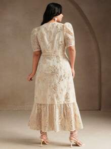 Anewsta Elegant Textured Apricot Short Sleeve Crew Neck Dress, Spring/Summer - Apricot - View 2