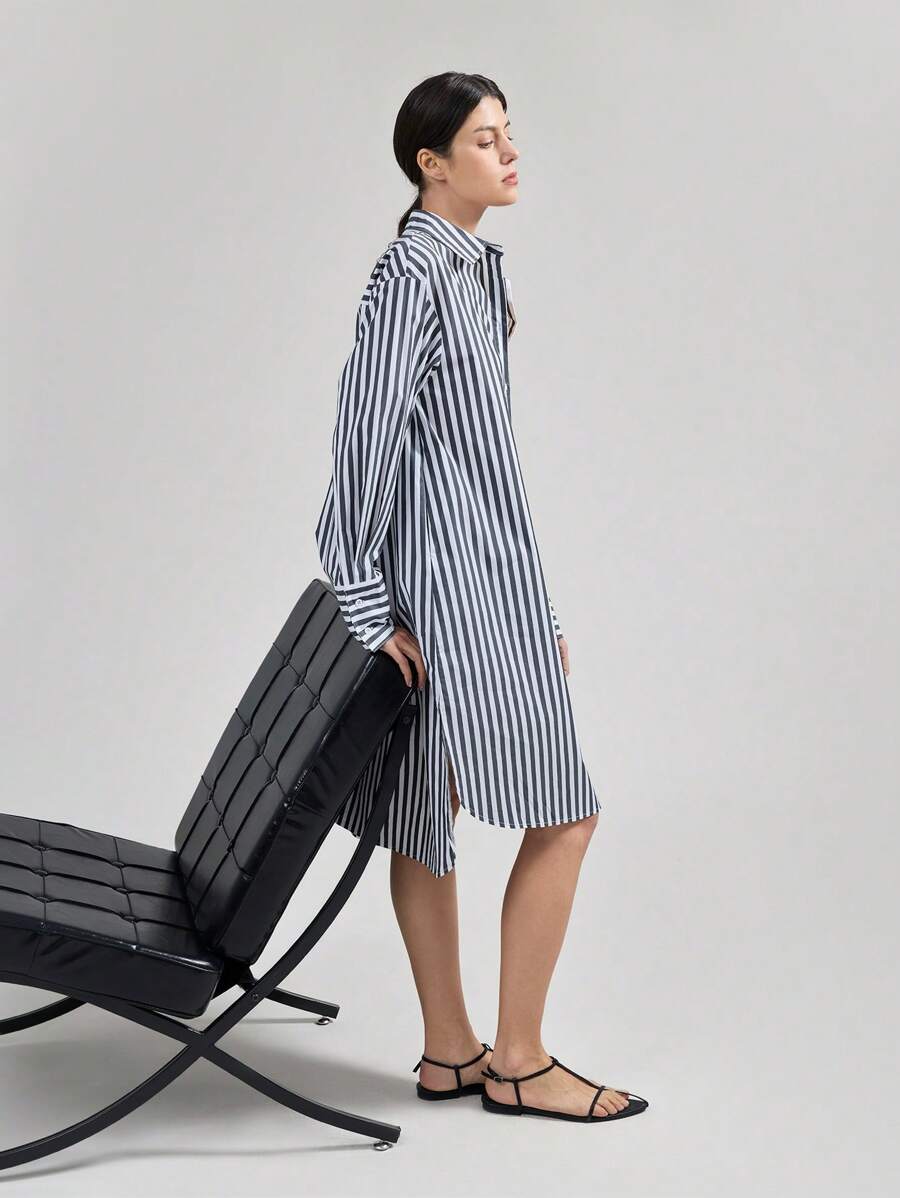 Ontre Long Sleeve Striped Shirt Dress, Casual Mid-Length Shift Dress With Collared Neck, Modern Urban Style, Black & White Stripe, Spring Apparel - Black - View 1