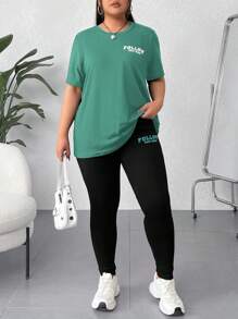 SHEIN EZwear 2 件大码短袖圆领 T 恤和裤子套装 - 墨綠色 - 查看 2