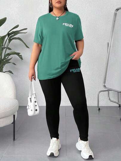 SHEIN EZwear Set de 2 piezas de camiseta de cuello redondo de manga corta y pantalones en talla grande