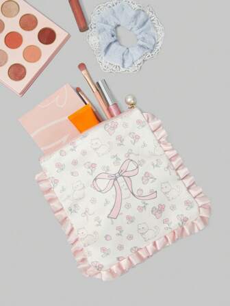 Kawaii Set de 2 Bolsas de maquillaje portátiles de gran capacidad con estampado de lazo y flores, incluye scrunchie