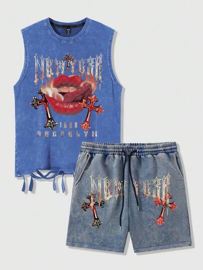 Grunge Punk Men Letter & Lip Print Crew Neck Tank Top And Shorts Set, Casual