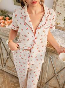 CottageSlumber Women's Contrast Color Trim Floral Print Lapel Short Sleeve Pajama Set - Multicolor - View 3