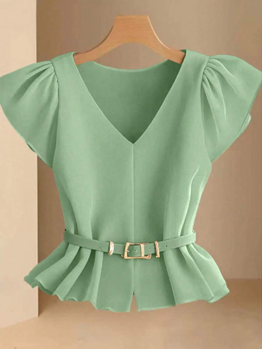 Franclia Women's Khaki Simple Elegant V-Neck Blouse,Belt Not Included - Mint Green - View 1