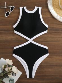 SHEIN Swim 女士性感紧身黑白休闲优雅 3D 花卉图案假日连体泳衣 - 黑與白 - 查看 4