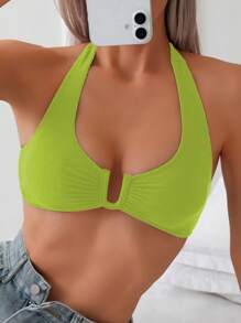Swim Basics Spring Break Women's Halter Neck Ruched U-Neck Minimalist Stylish Versatile Swimwear Top For Summer Beach Vacation - Green - View 1