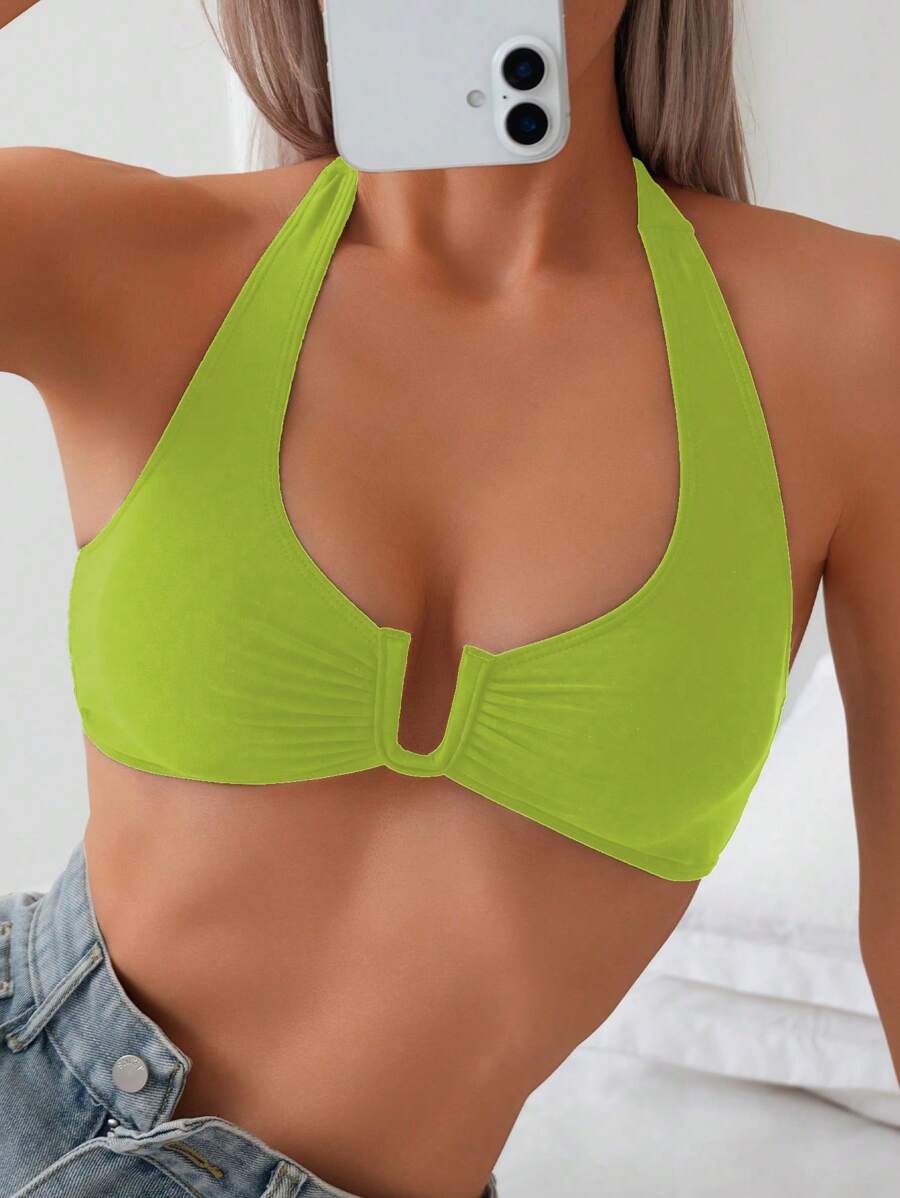 Swim Basics Spring Break Women's Halter Neck Ruched U-Neck Minimalist Stylish Versatile Swimwear Top For Summer Beach Vacation - Green - View 1