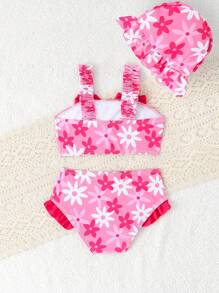 3pcs/Set Baby Girl Cute Flower Print Swimsuit Set - Multicolor - View 2