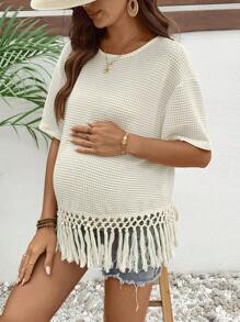 SHEIN Camiseta casual de embarazo holgada con dobladillo con flecos y cuello redondo de un solo color