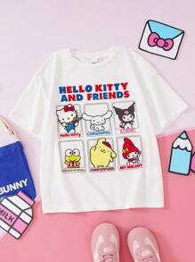 HELLO KITTY AND FRIENDS | SHEIN 少女卡通拼图图案针织宽松蝙蝠袖短袖 T 恤，春夏 - 白色 - 查看 1