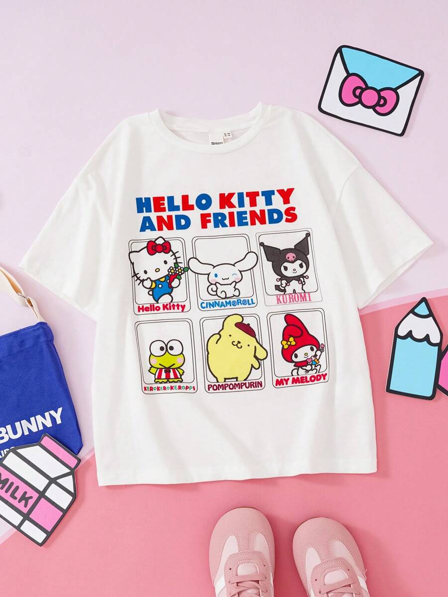 HELLO KITTY AND FRIENDS | SHEIN 少女卡通拼图图案针织宽松蝙蝠袖短袖 T 恤，春夏 - 白色 - 查看 1