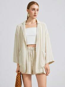 Ontre 2025 新款时尚条纹休闲西装外套，度假风格条纹 3/4 袖缺口领单排扣女士薄西装外套，春夏 - 杏色 - 查看 7