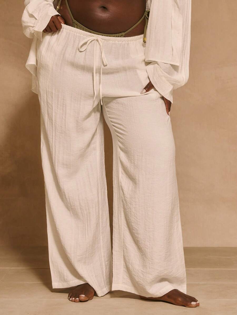 MUSERA 大码中腰抽绳阔腿休闲性感可爱优雅长裤波西米亚风泳装度假复活节优雅休闲日常穿搭罩衫泳衣夏季 - 白色 - 查看 1