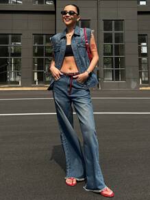 DAZY Women's Sleeveless Denim Jacket & Jeans Matching Set, Spring/Summer - Blue - View 8