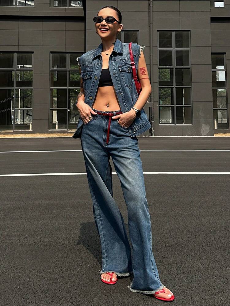Women's Sleeveless Denim Jacket & Jeans Matching Set, Spring/Summer