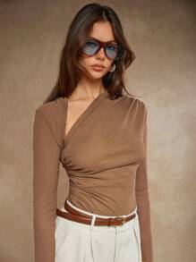 COSMINA Camiseta de cuello asimétrico fruncido - Marrón - Ver 3