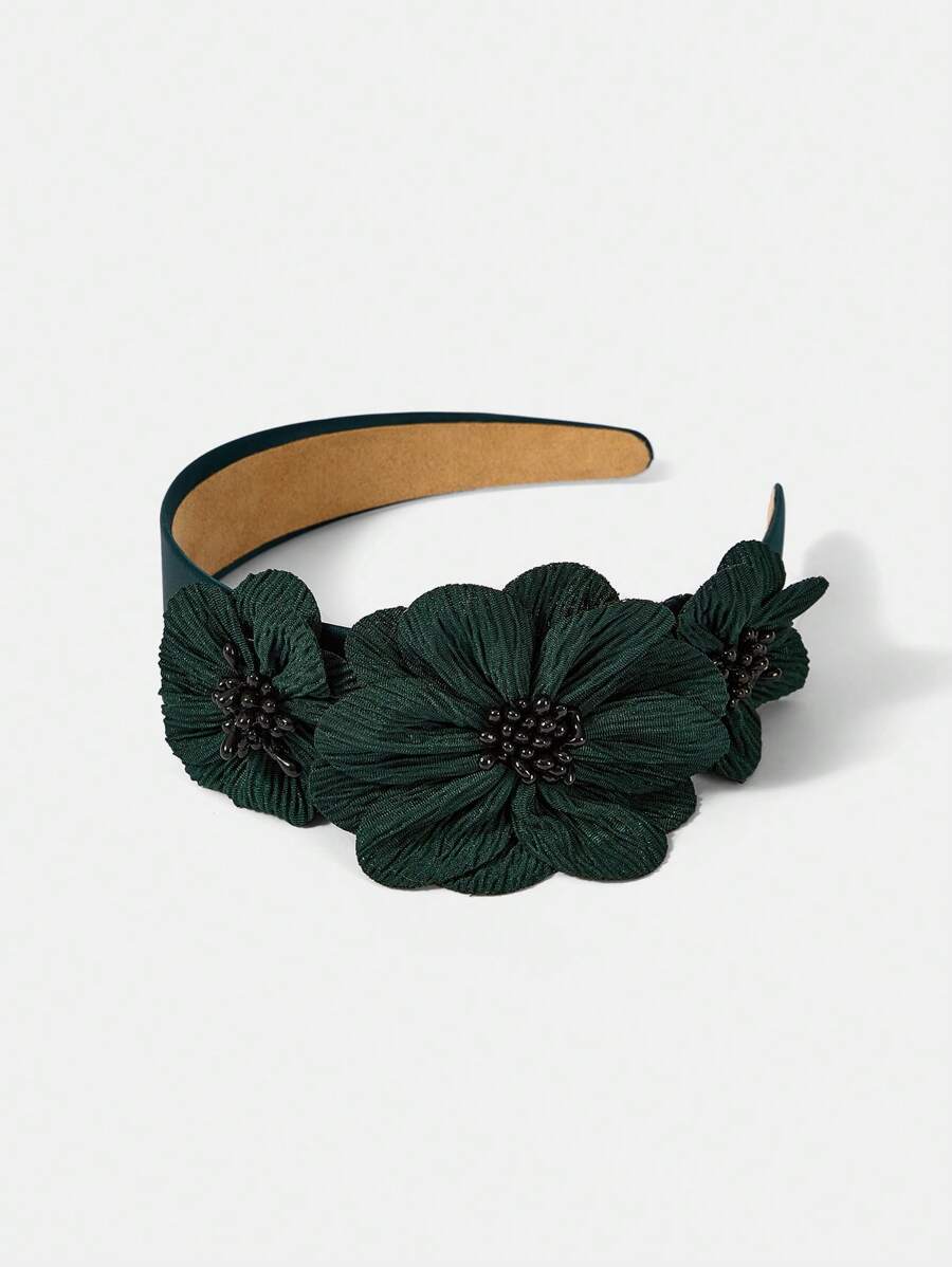 PREMIUM FLOWER DESIGN WIDE-BRIM HEADBAND, VERSATILE HAIRBAND HAIR HOOP - Dark Green - View 2
