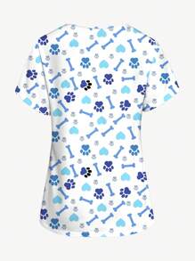 PopScrub 女士可爱卡通狗爪印、心形、骨头图案手术服上衣衬衫、V 领短袖夏季手术服制服 - 彩色 - 查看 2