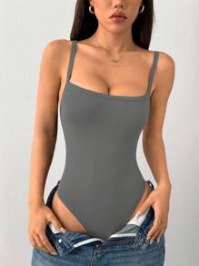 SHEIN PETITE Women's Ribbed Ribbed High Elastic Tight Suspender Bodysuit - Dark Grey - View 5