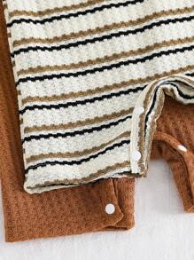 2 Packs Newborn Baby Girl & Boy Waffle Knit Solid & Striped Rompers, Comfortable & Casual Basics Suitable For All Occasions In Summer, Easy On/Off - Multicolor - View 5