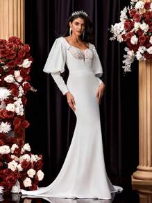 Glamrae 优雅泡泡袖蕾丝边荷叶边美人鱼裙，带拖尾，适合婚礼、单身派对、蜜月、新娘 - 米色 - 查看 2