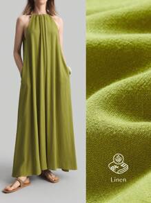 Ontre Mustard Green Bohemian Style Elegant Pocket Halter A-Line Dress - Green - View 5