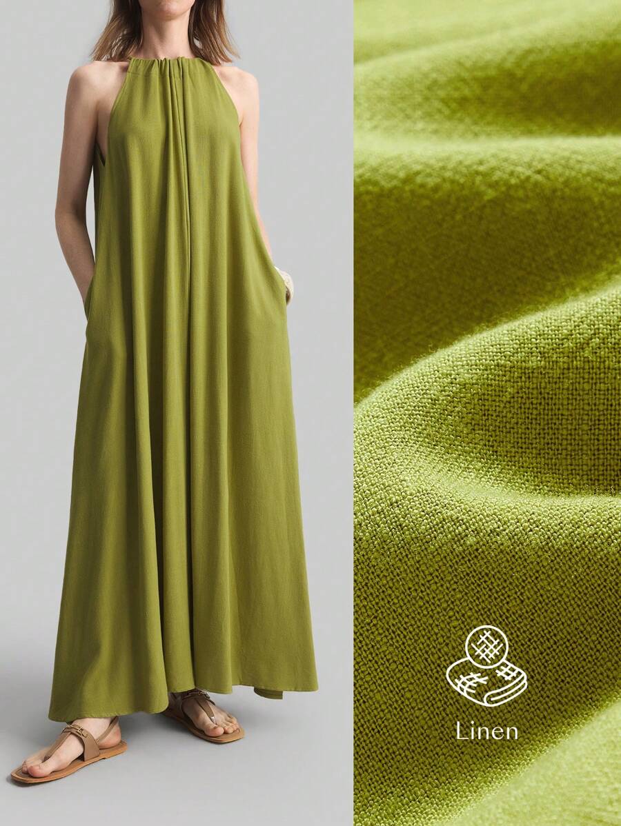 Ontre Mustard Green Bohemian Vacation Style Elegant Pocket Halter Neck A-Line Dress 2026 Autumn/Winter Women's Office Casual Streetwear - Green - View 1