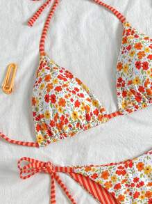 SHEIN Swim 2pcs Ditsy Floral Halter Triangle Spaghetti Strap Bikini Set With Tie Side Bottom, Beach Swimwear For Women - Multicolor - View 3