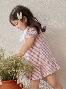 Blossori Baby Girls' Spring/Summer Pink Stripe Color Block Collar Knitted Dress - Multicolor - View 6