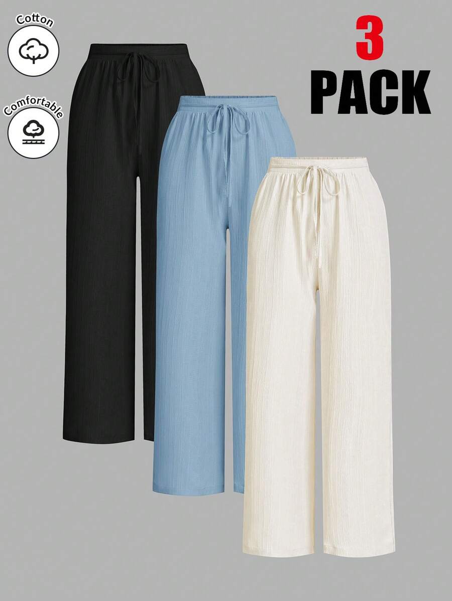 女式纯色系腰三件套（含纹理阔腿裤） - 淺藍色 - 查看 1