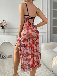 SHEIN 2pcs/Set Women Floral Print Ruffle Hem Spaghetti Strap Nightgown Set - Multicolor - View 2