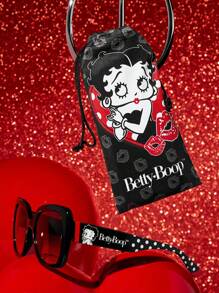 Betty Boop x SHEIN Large Frame Square Black Fashionable Eyeglasses, Polka Dot & Lip Print Versatile For Daily Wear, Comes With Storage Pouch, Suitable For Travel & Outdoor