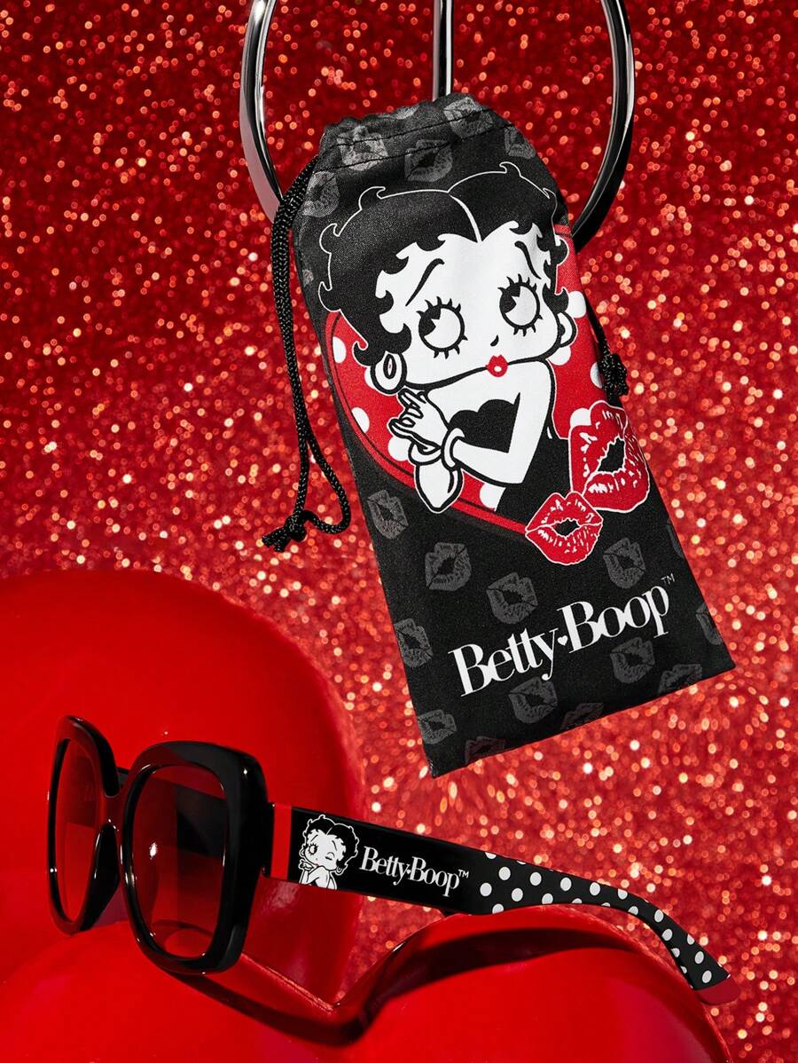 Betty Boop x SHEIN Large Frame Square Black Fashionable Eyeglasses, Polka Dot & Lip Print Versatile For Daily Wear, Comes With Storage Pouch, Suitable For Travel & Outdoor