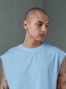 SUMWON Débardeur style urbain sans manches - Hauts courts d'été de festival en coton. Débardeur pour le sport, la gym, l'entraînement musculaire, oversize, décontracté, streetwear - Bleu ciel - Voir 4