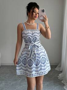 Elenzga 优雅植物印花吊带背心腰部合身女士连衣裙 - 彩色 - 查看 6