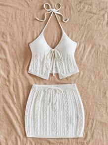 SHEIN WYWH Conjunto de cárdigan de punto beige para mujer con cuello anudado y cinturón en la cintura, top ajustado y falda mini en forma de A, adecuado para vacaciones, fiestas, San Valentín, combinación de capas, citas