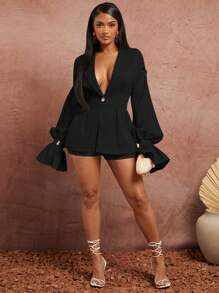 SHEIN SXY Spring And Summer Date Valentine's Day Elegant Wedding Vacation Birthday For Woman Woven Fabric Like Linen Bubble Sleeve Hip Lapel Collar Waist Sexy Suit Blazer - Black - View 1