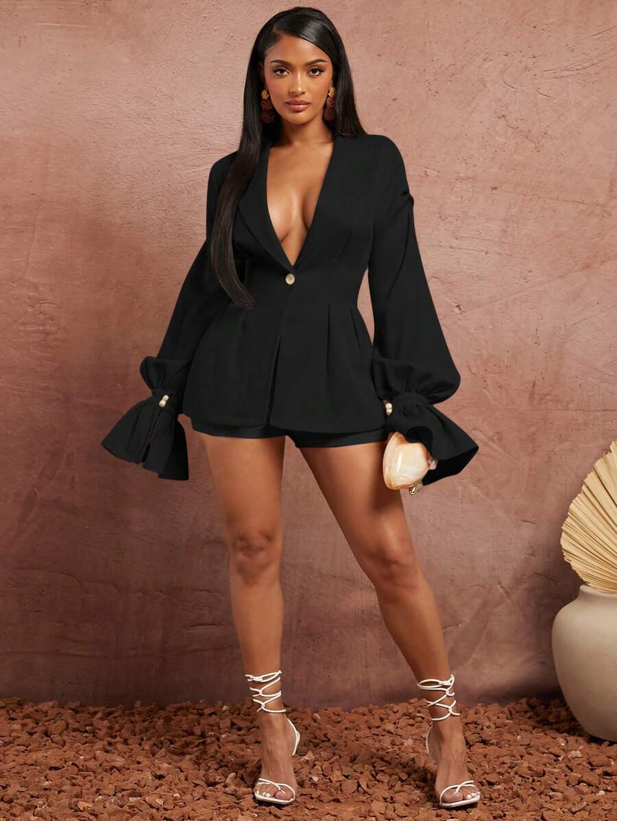 SHEIN SXY Spring And Summer Date Valentine's Day Elegant Wedding Vacation Birthday For Woman Woven Fabric Like Linen Bubble Sleeve Hip Lapel Collar Waist Sexy Suit Blazer - Black - View 1