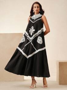 Anewsta Vestido sin mangas con bordado floral elegante bohemio para vacaciones, atuendos de primavera/verano para mujeres