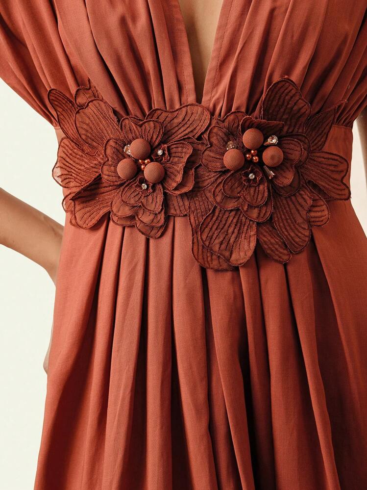 Anewsta 优雅腰部花卉装饰束腰度假海滩褶皱设计连衣裙，节日波西米亚风女士外出度假服装，春夏 - 紅木色 - 查看 5