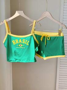 Comfortcana Conjunto de top corto y pantalón corto de ajuste delgado con impresión de letras en colores de la bandera de Brasil para verano