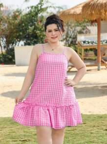 SHEIN EZwear Váy ngủ dài màu xanh kẻ sọc mùa xuân cỡ lớn cho kỳ nghỉ - Hồng - Xem 3