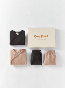 Cozy Pixies 男嬰2入組素色連身背心和褲子 - 杏色 - 查看 2