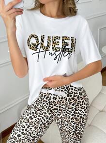 SHEIN Conjunto de pijama casual de pantalones y manga corta con estampado de leopardo y letra para mujer
