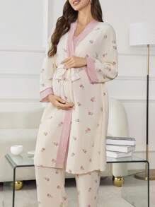 Moonlight&Mama 3pcs Maternity Pregnant Women Bubble Texture Floral Print Patchwork Camisole Top + Pants + Robe Sleepwear Set, Fall Winter Clothes