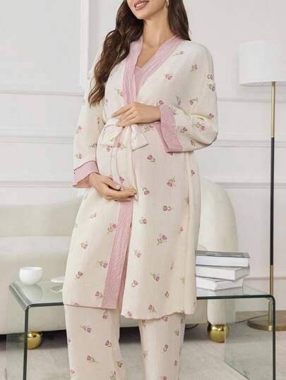 Moonlight & Mama 3pcs Maternity Pregnant Women Bubble Texture Floral Print Patchwork Camisole Top + Pants + Robe Sleepwear Set, Fall Winter Clothes