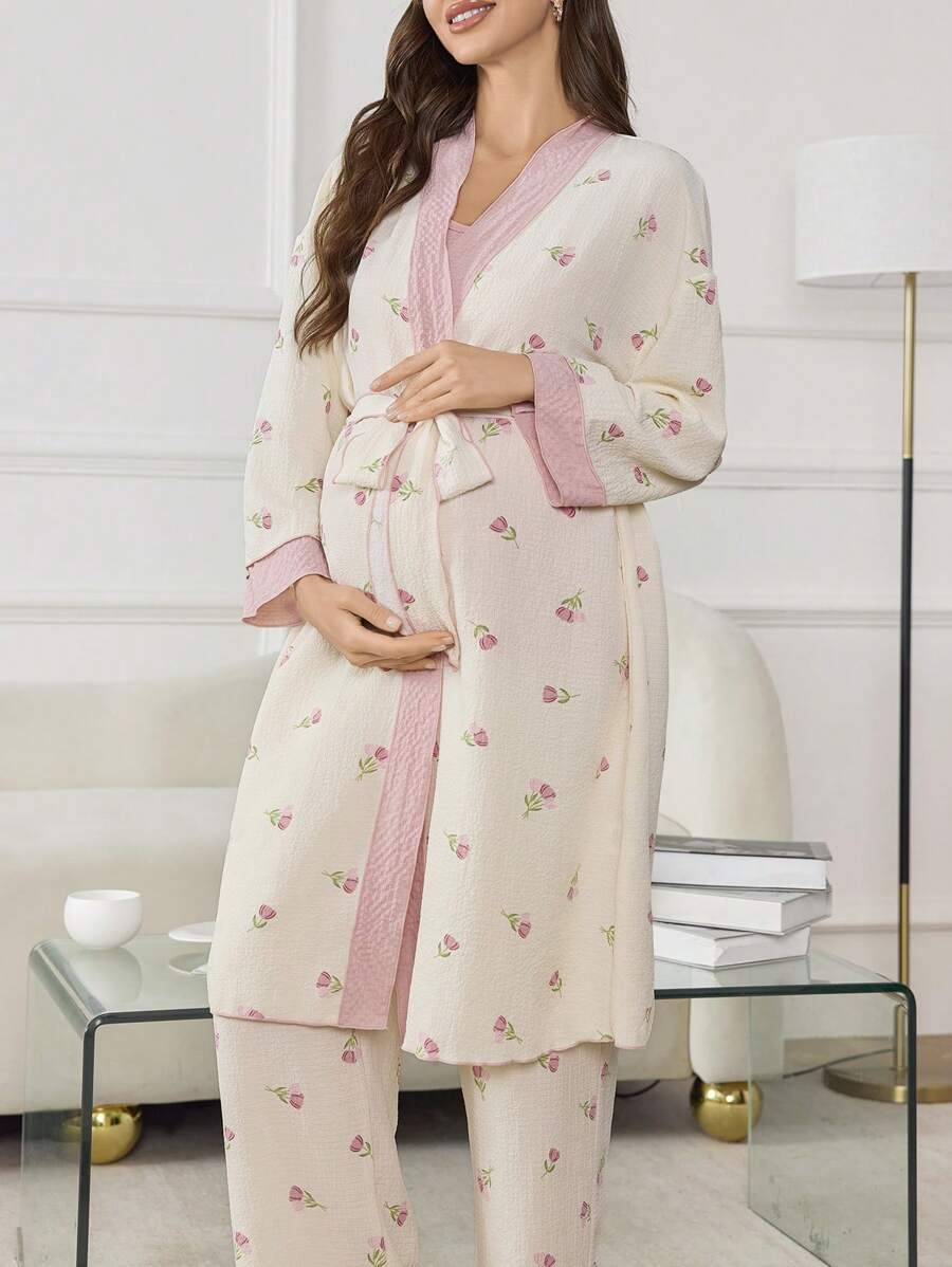 Moonlight&Mama 3pcs Maternity Pregnant Women Bubble Texture Floral Print Patchwork Camisole Top + Pants + Robe Sleepwear Set, Fall Winter Clothes