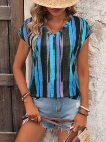 EMERY ROSE 女士时尚短袖 T 恤，彩色条纹印花图案 T 恤，女士上衣 - 彩色 - 查看 5