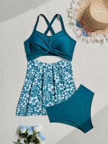 Swim Lushoire 2pcs/Set Solid Color Criss-Cross Print Bikini Set, Elegant Fashion Swimwear For Summer Beach Vacation - Multicolor - View 4